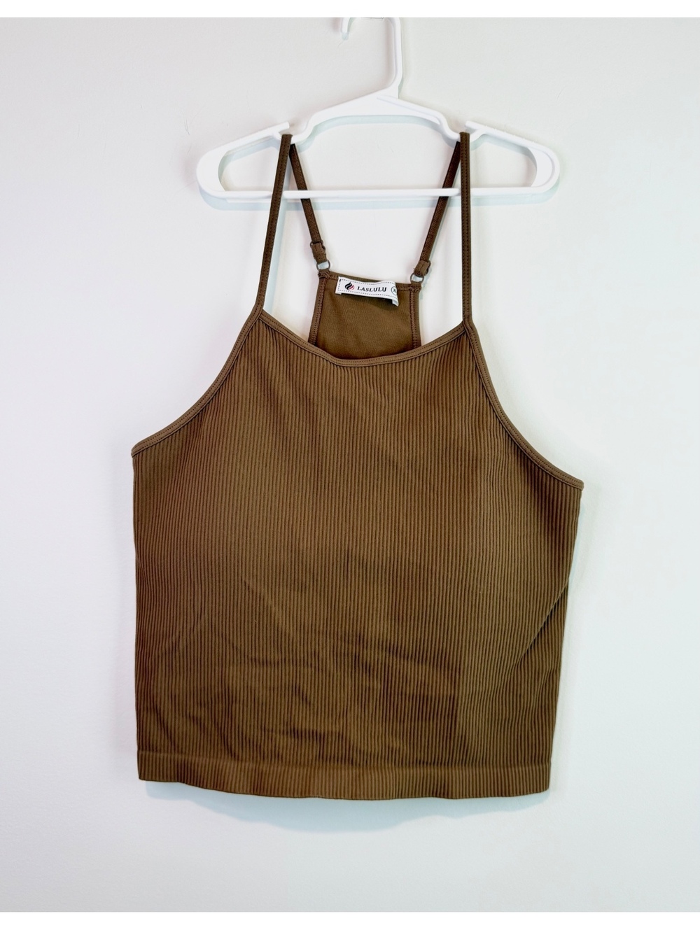 Laslulu Women's Brown Ribbed Tank Top with Adjustable Straps, Has Pads, Size XL